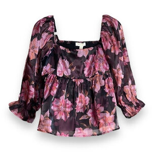 Boutique Empire Waist Babydoll Pink & Black Foral Crop Top Women’s XL Smocked